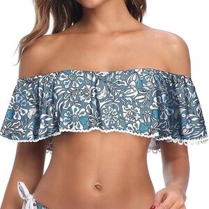 Blue & White Off-the-Shoulder Ruffle Bikini Top Size M
